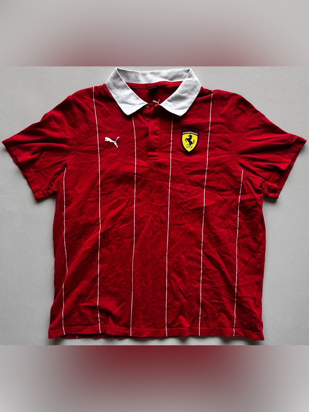 Puma Ferrari Scuderia Pinstripe Embroidered Logo Polo Men’s XL Red White Yellow